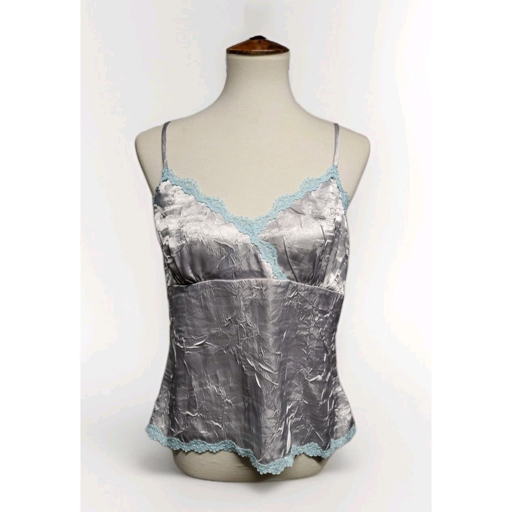 Vintage Y2K Old Navy Silky Silver Cami Tank With Lace New Large Whimsy Coquette